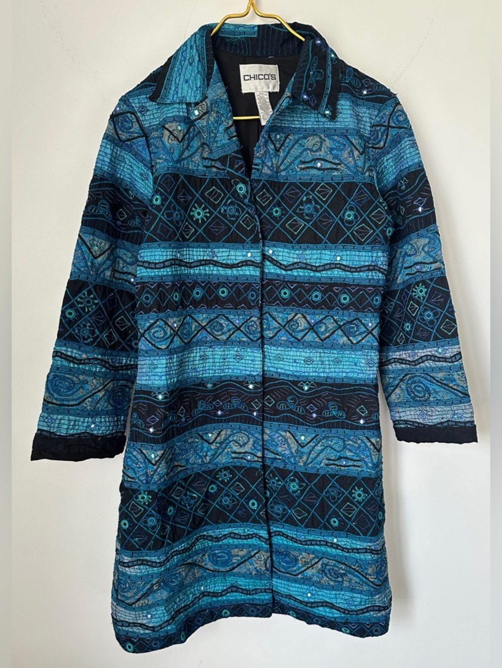 Chico’s Blue Black Appliqué Embroidered Embellished Lined Jacket Sz 0 (US Small)